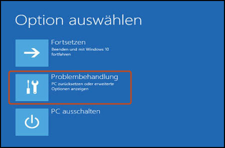 Bildschirm „Option auswählen“, „Problembehebung“