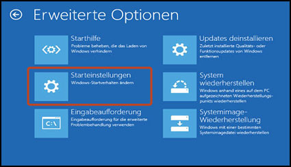 Starteinstellungen im Bildschirm „Erweiterte Optionen“