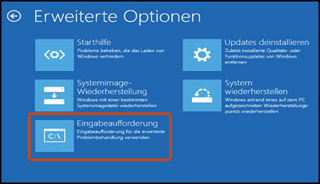 Ausgewählte Option „Eingabeaufforderung“ auf dem Bildschirm „Erweiterte Optionen“