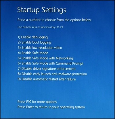 Startup Settings screen showing menu of available startup options