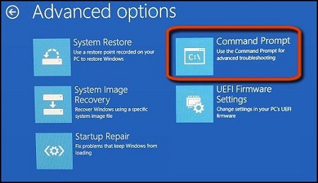 Command Prompt selected in the Advanced options screen