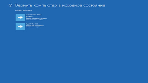 Варианты Сохранить мои файлы и Удалить все