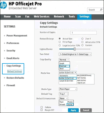 Copy settings in the EWS