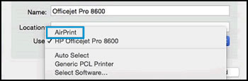 Confirming AirPrint is select in the Use menu