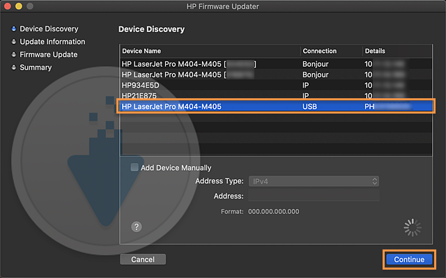 HP Printer Utility, printer selected and selecting the Continue button