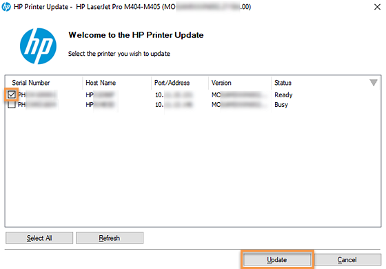 HP Printer Utility, printer selected and selecting the Update button