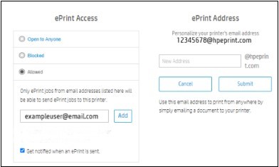 Changing the ePrint Access and Address settings