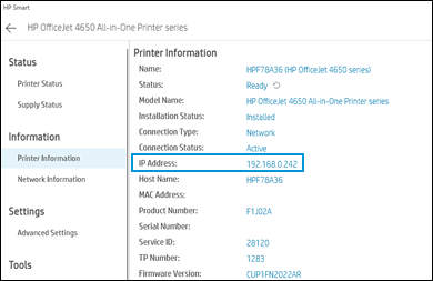 where can i find the ip address on my hp smart printer