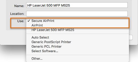 Select Secure AirPrint or AirPrint in the Use drop-down list