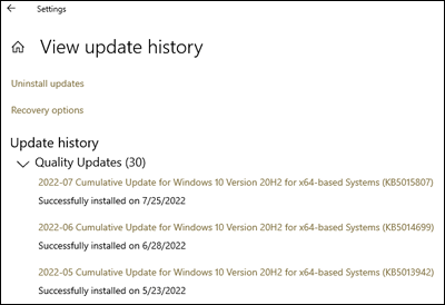 Windows Update recent updates that installed