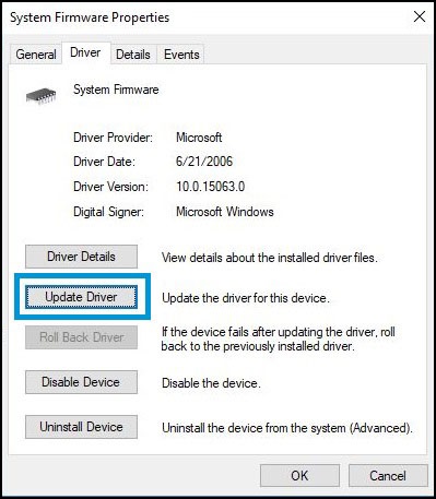 Driver tab of the System Firmware Properties window