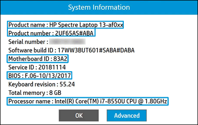 HP System Information window