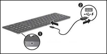 Teclado con (1) indicador LED de batería y (2) cable MicroUSB para la conexión del dispositivo de carga