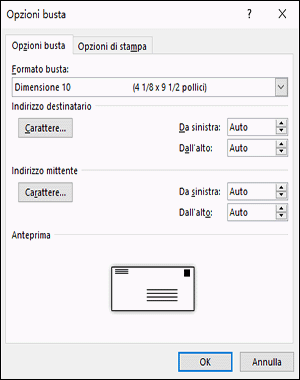 Opzioni di stampa delle buste in Word