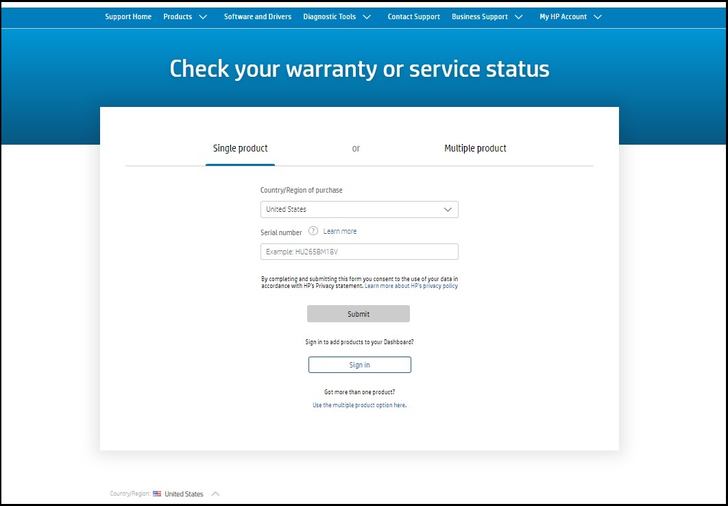 The HP Product Warranty Check webpage displaying the country/region of purchase and serial number entry fields