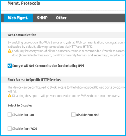 Web Mgmt settings in Mgmt. Protocols