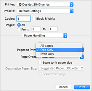 Selecting the odd pages to print first