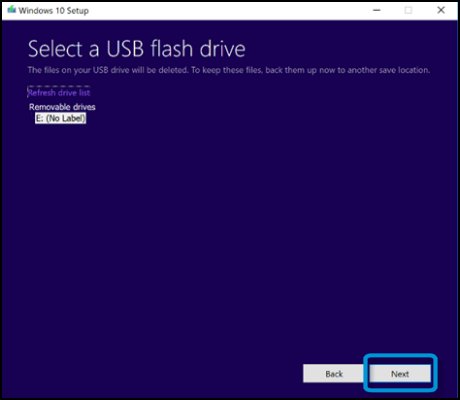 USB flaş sürücünün seçilmesi ve İleri'ye tıklanması