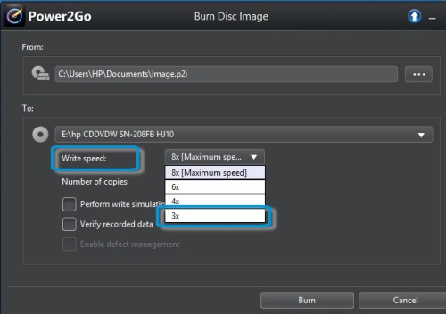 Decrease the disc burning speed in Cyberlink Power2Go