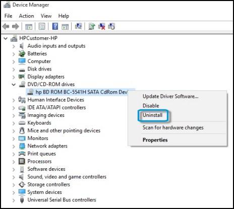 Device Manager window, uninstall DVD/CD-ROM drive