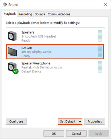 Setting output device connected with the HDMI cable as the default device