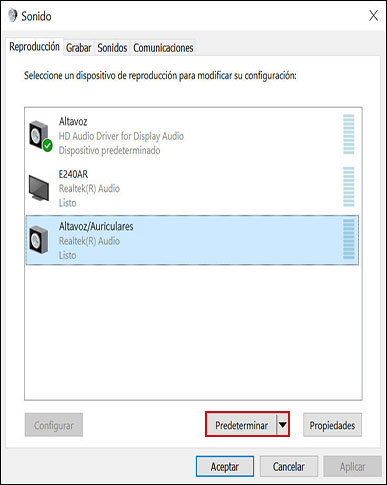 Configuración de los altavoces/auriculares como dispositivo de audio predeterminado