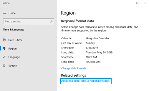 Clicking Additional date, time, &amp; regional settings