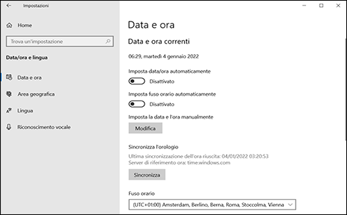 Esempio di data e schermata iniziale Ora