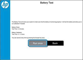 Battery Test screen with Run once selected