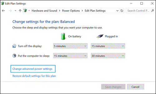 Изменение дополнительных параметров электропитания