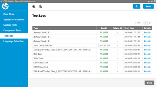 Selecting Test Logs in the HP PC Hardware Diagnostics main menu