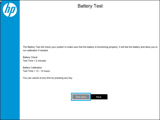 Battery Test screen with Run once selected