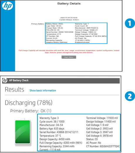 Examples of the detailed results of a battery check