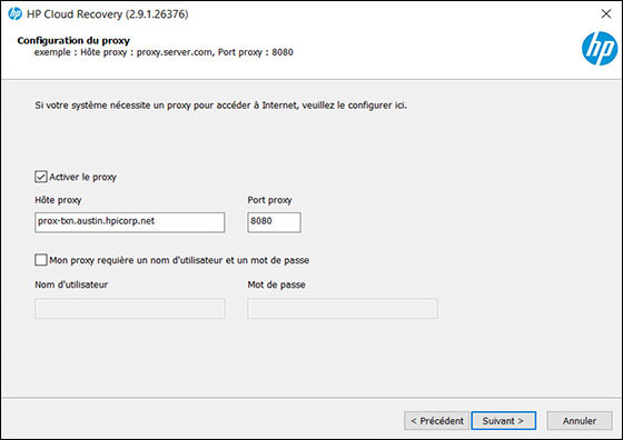 &Eacute;cran d'informations de configuration proxy avec l'option Suivant mise en surbrillance