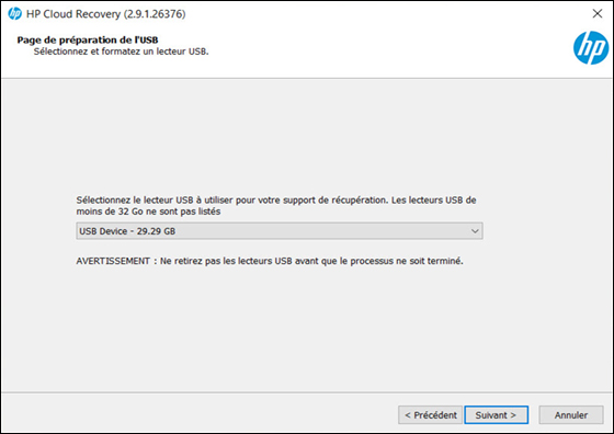Page de pr&eacute;paration de l'USB avec la cl&eacute; USB s&eacute;lectionn&eacute;e et l'option Suivant mise en surbrillance