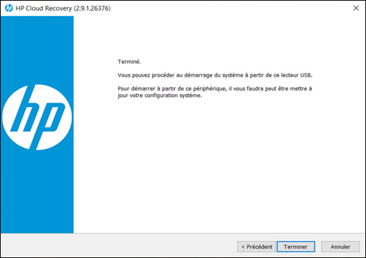 &Eacute;cran de fin avec l'option Terminer mise en surbrillance