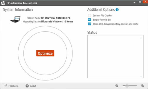 The HP Performance Tune-up Check home screen