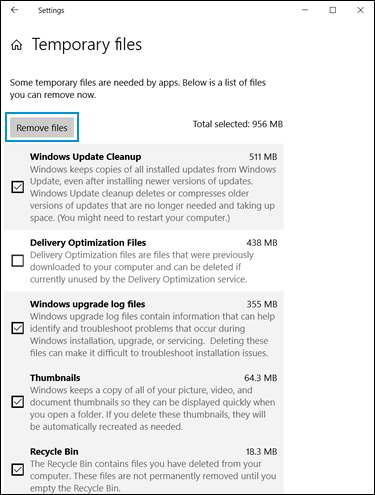 Selecting temporary files to remove from the computer