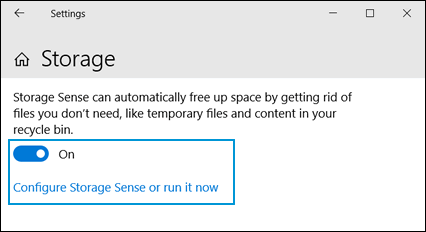 Turning on Storage Sense and selecting Configure Storage Sense or run it now