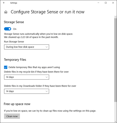 Configuring Storage Sense settings