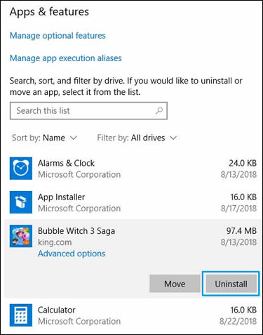 Clicking Uninstall in the Apps &amp; features settings