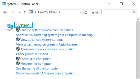 Selecting the System option in the Control Panel app