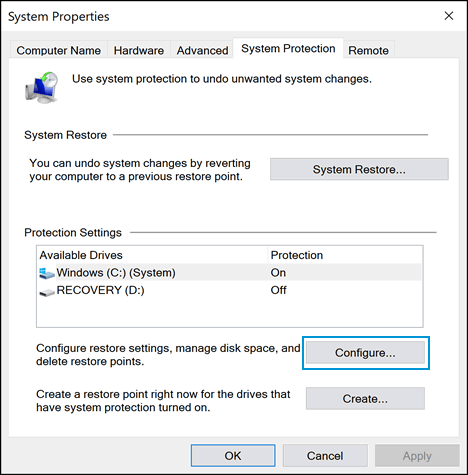 Clicking Configure on the System Protection tab