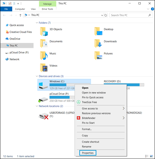 Selecting Properties from the drop-down menu of the main hard drive