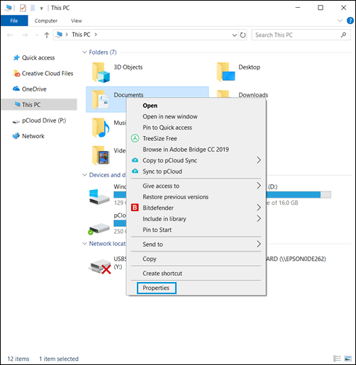 Selecting Properties from the drop-down menu of the Documents folder