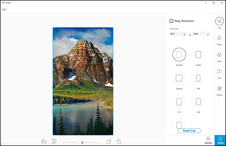 Окно редактирования с опциями сканирования в приложении HP Smart