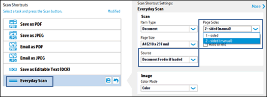 Выбор параметров двустороннего сканирования в программе HP Scan