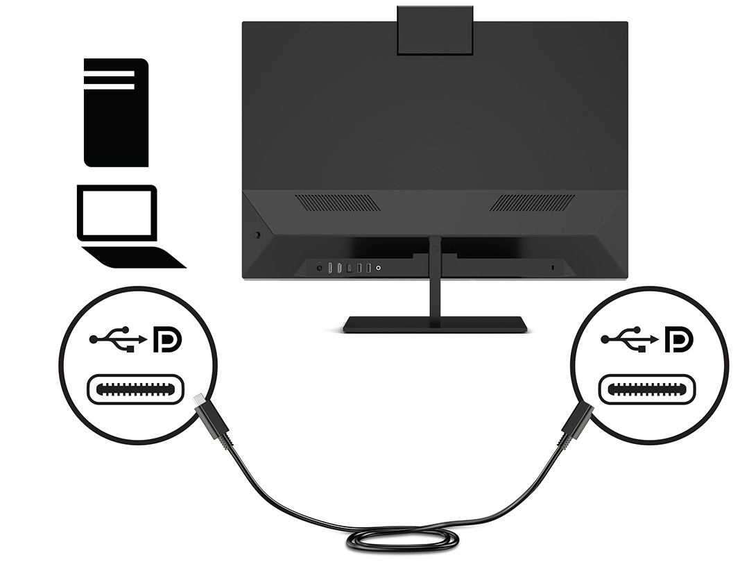 Connecting a USB Type-C and DisplayPort cable to a USB Type-C and DisplayPort port on a source device.