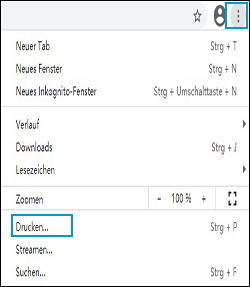 Klicken Sie auf das Symbol f&uuml;r die Einstellungen in Chrome und w&auml;hlen Sie dort &bdquo;Drucken&ldquo; aus