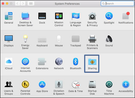 Clicking the Sharing Folder in the System Preferences window